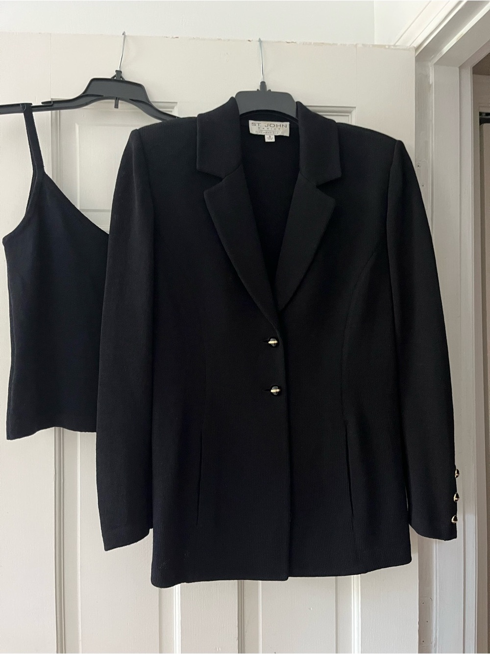 St. John Black Knit Two-Button Blazer and shell.